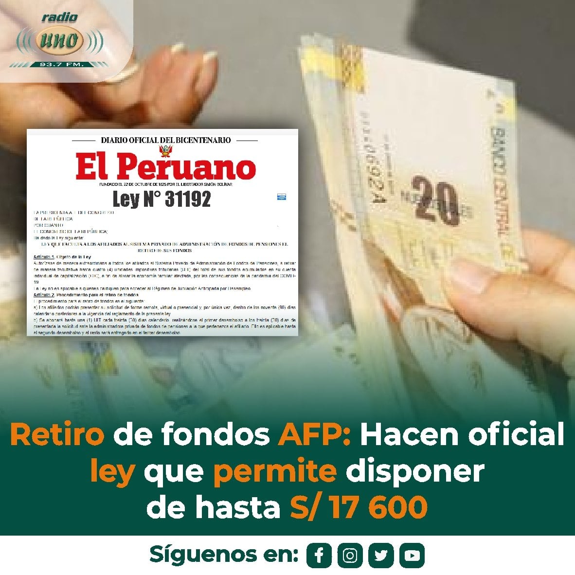 Oficializan ley que permite disponer de hasta S/17 600 de fondos de la AFP